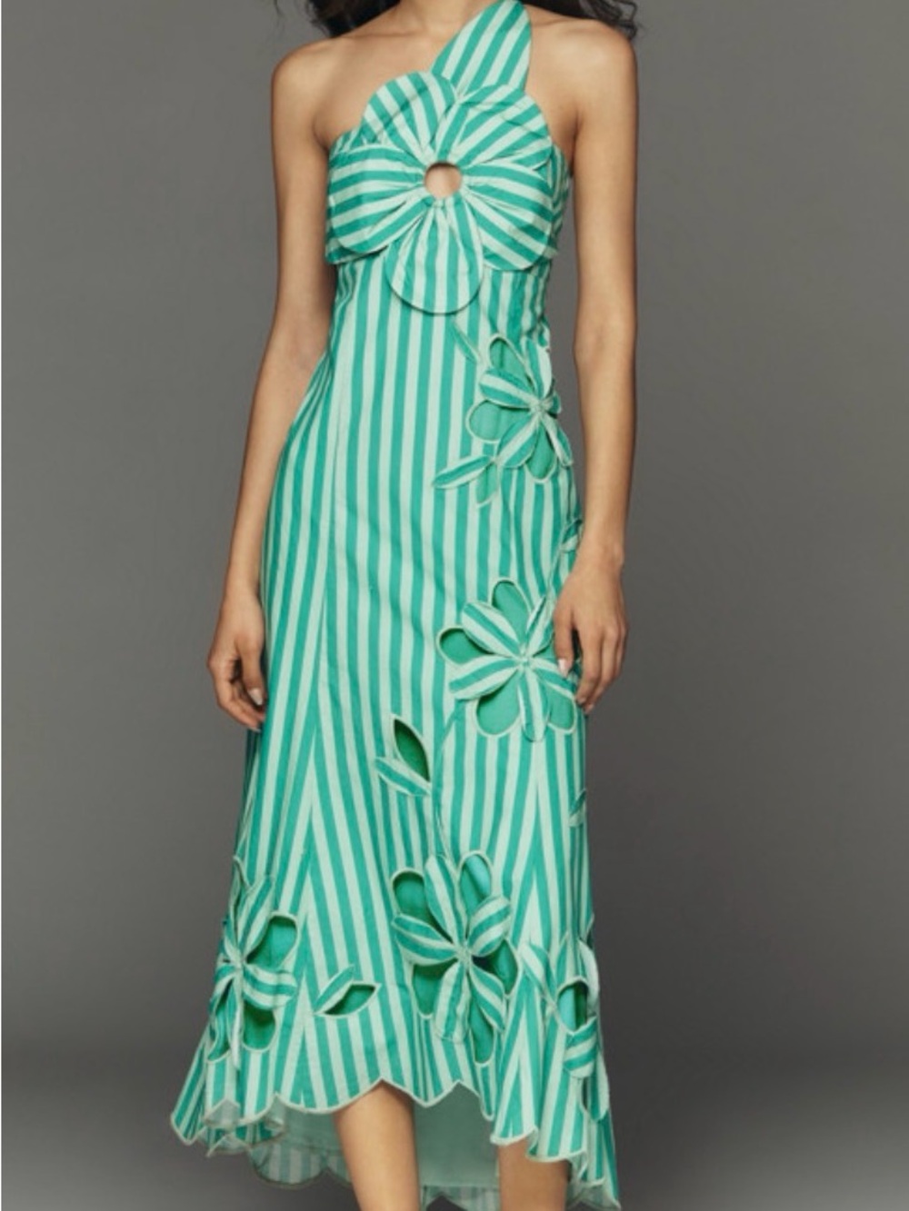 Anthropologie Teal and White One-Shoulder Floral Cutout Maxi Dress